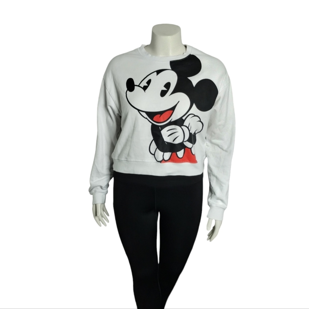 Disney Mickey Mouse White Graphic Sweatshirt Womens‎ L Double Sided Cropped top
